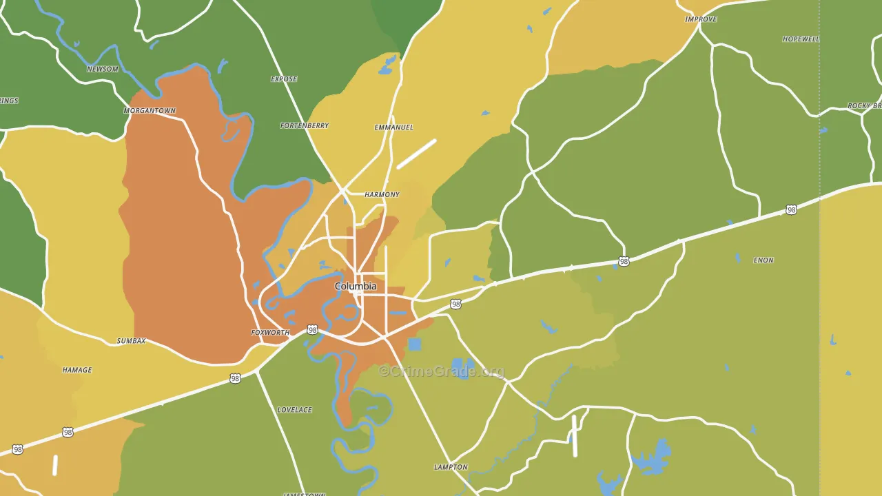 Columbia, MS Map of Murder Rates