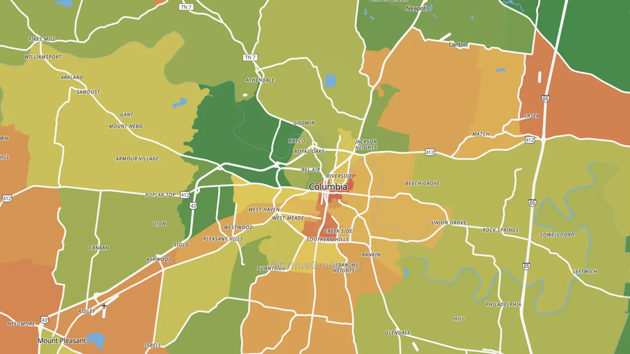 Columbia, TN Map of Murder Rates