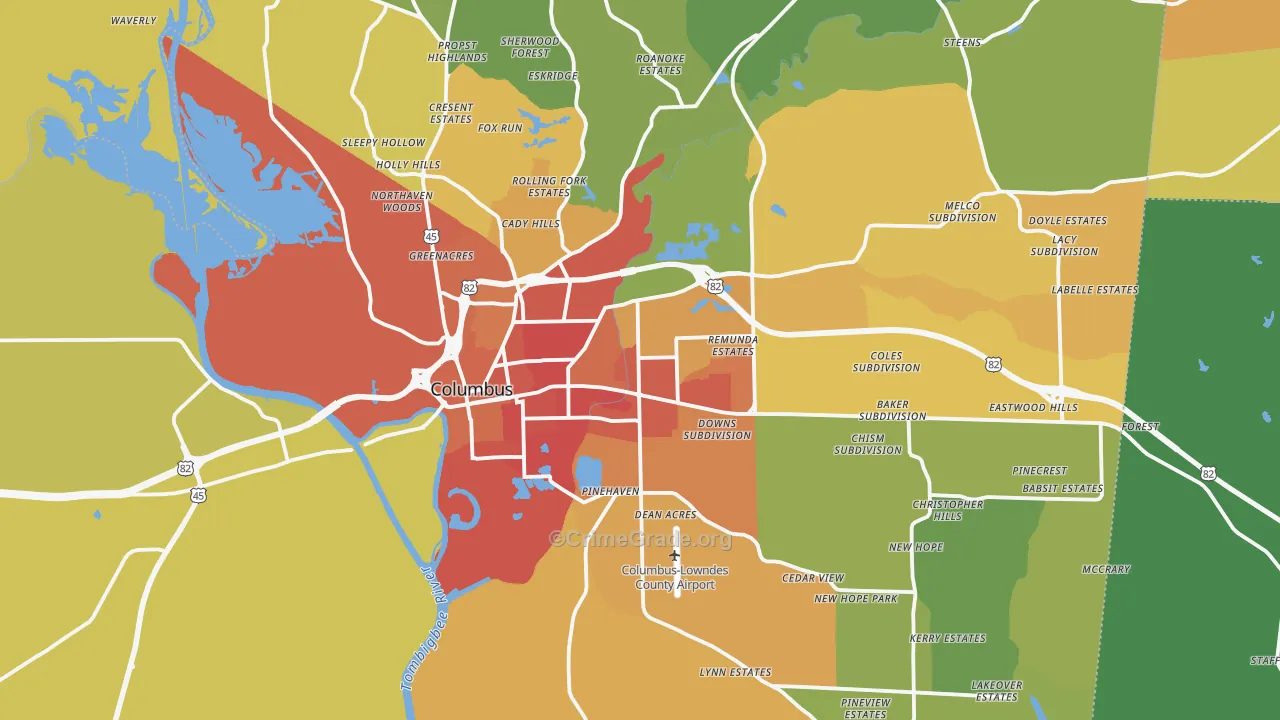 Columbus, MS Map of Murder Rates