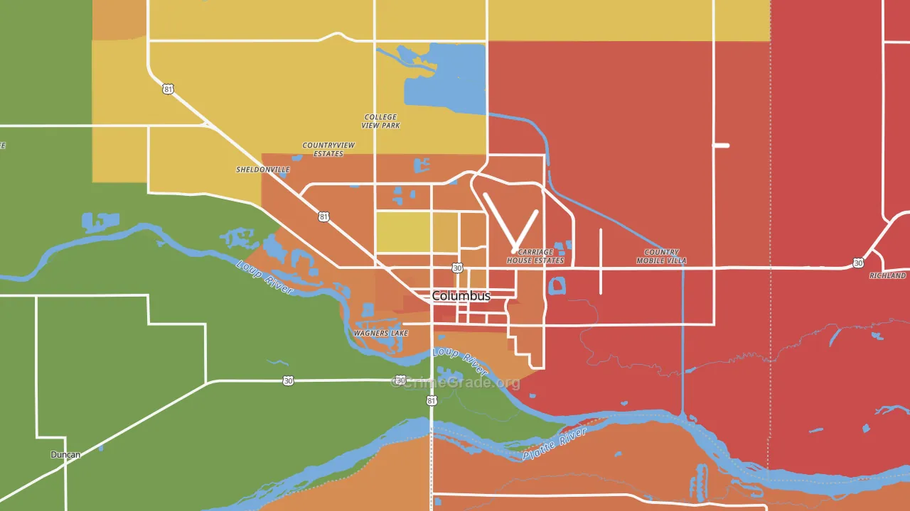 Columbus, NE Map of Murder Rates