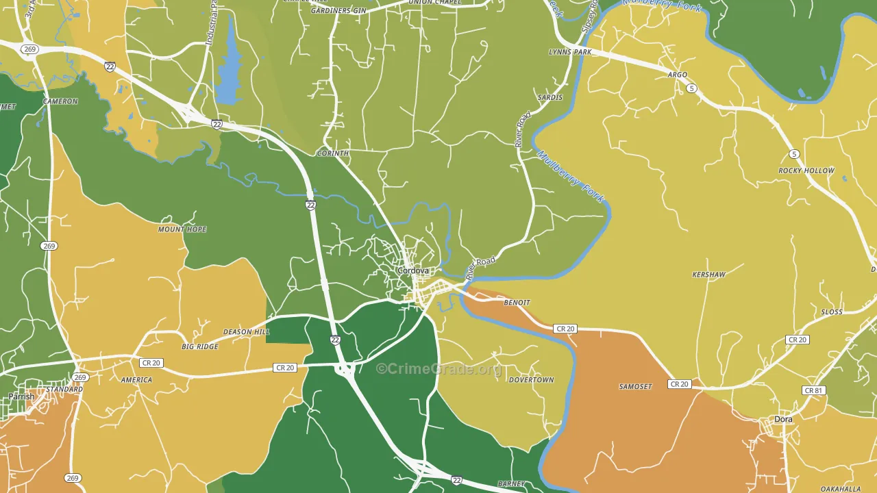 Cordova, AL Map of Murder Rates