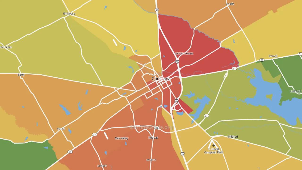 Corsicana, TX Map of Murder Rates