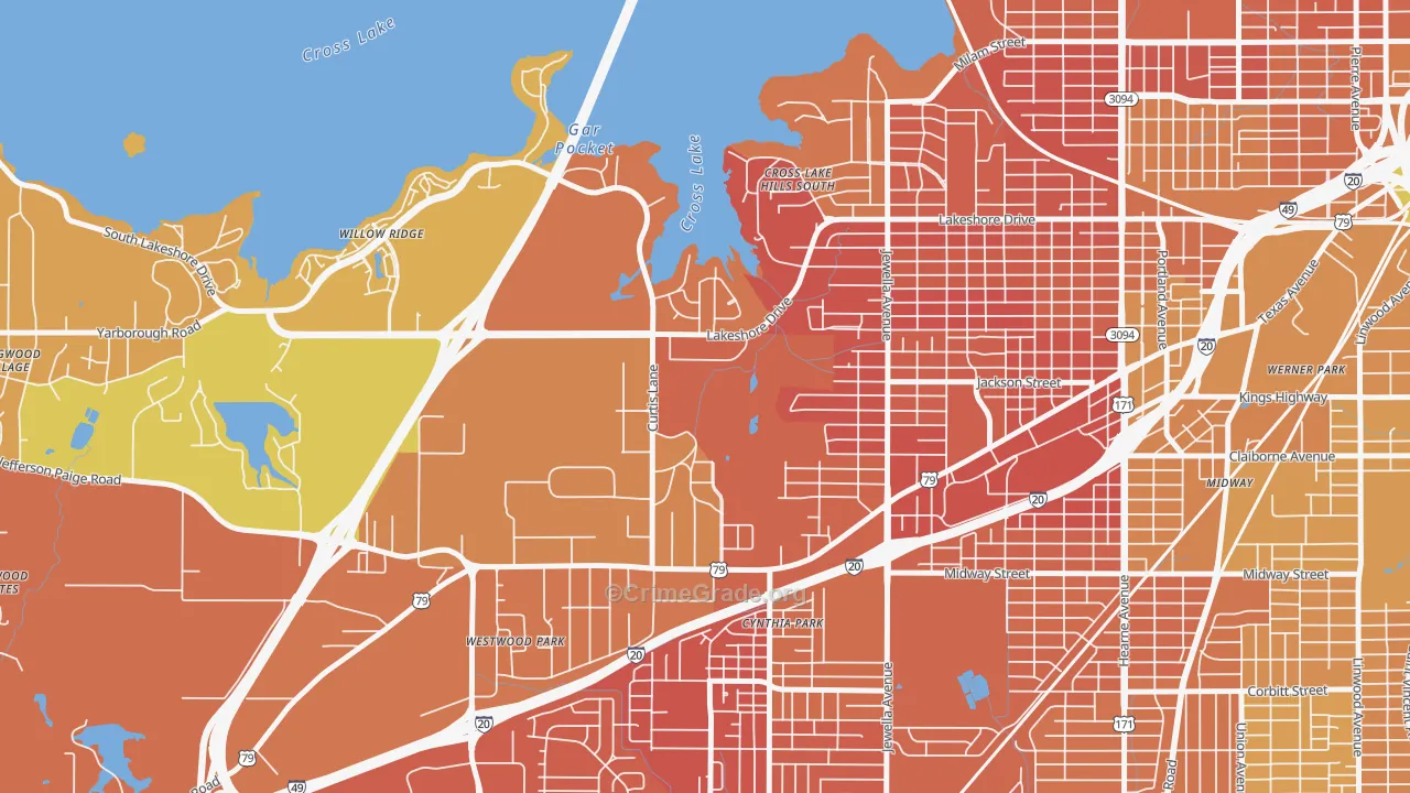 Country Club Hills Lakeshore Shops, Shreveport, LA Map of Murder Rates