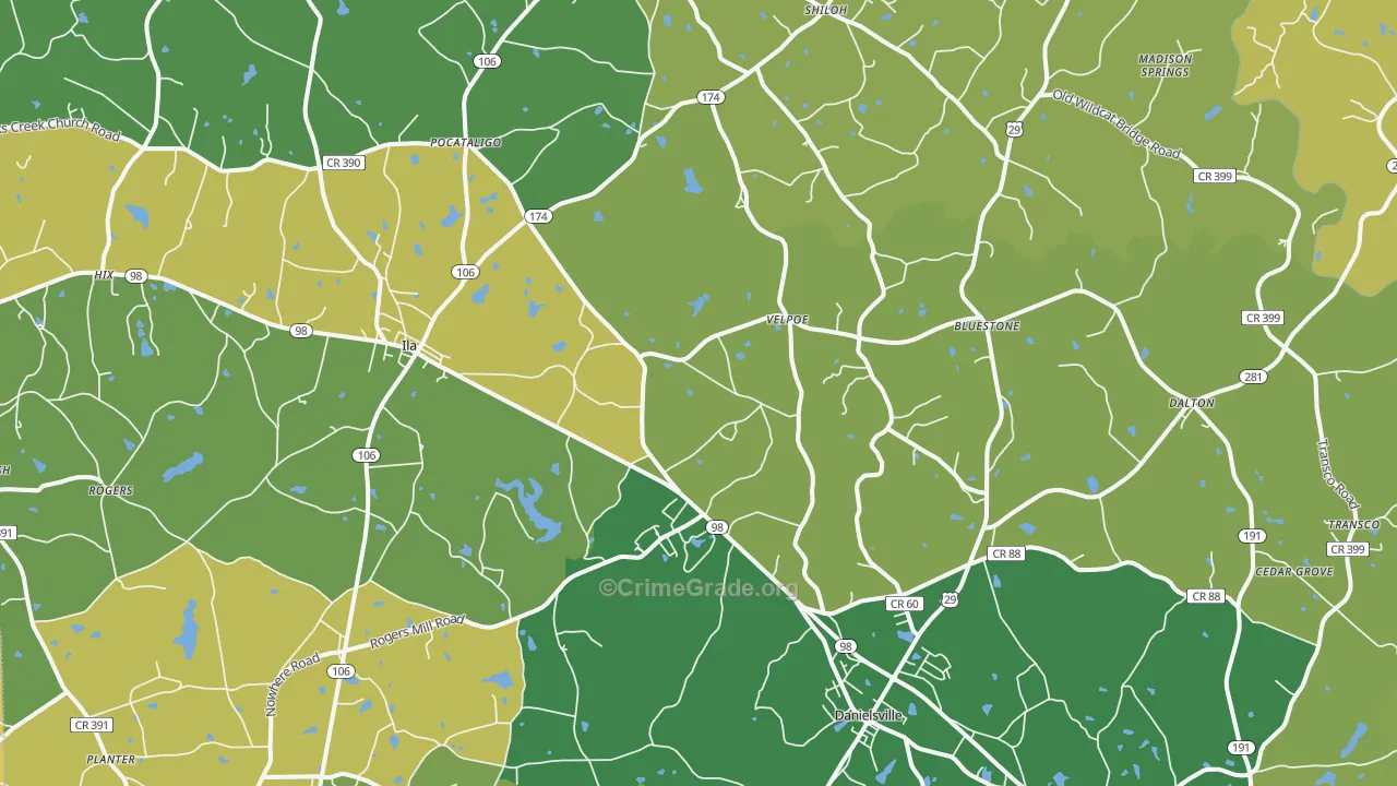 Danielsville, GA Map of Murder Rates