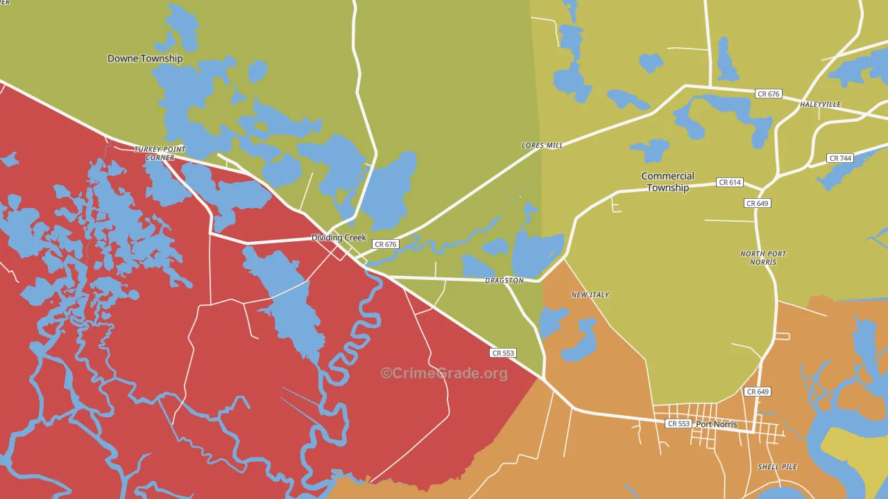 Dividing Creek, NJ Map of Murder Rates