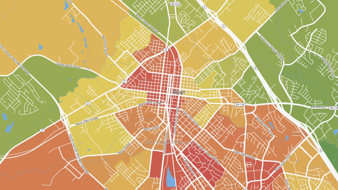 Downtown Bryan, Bryan, TX Map of Murder Rates