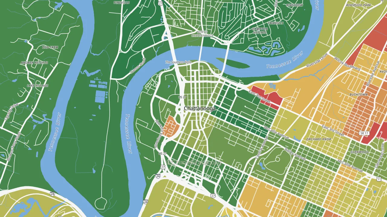 Downtown Chattanooga, Chattanooga, TN Map of Murder Rates