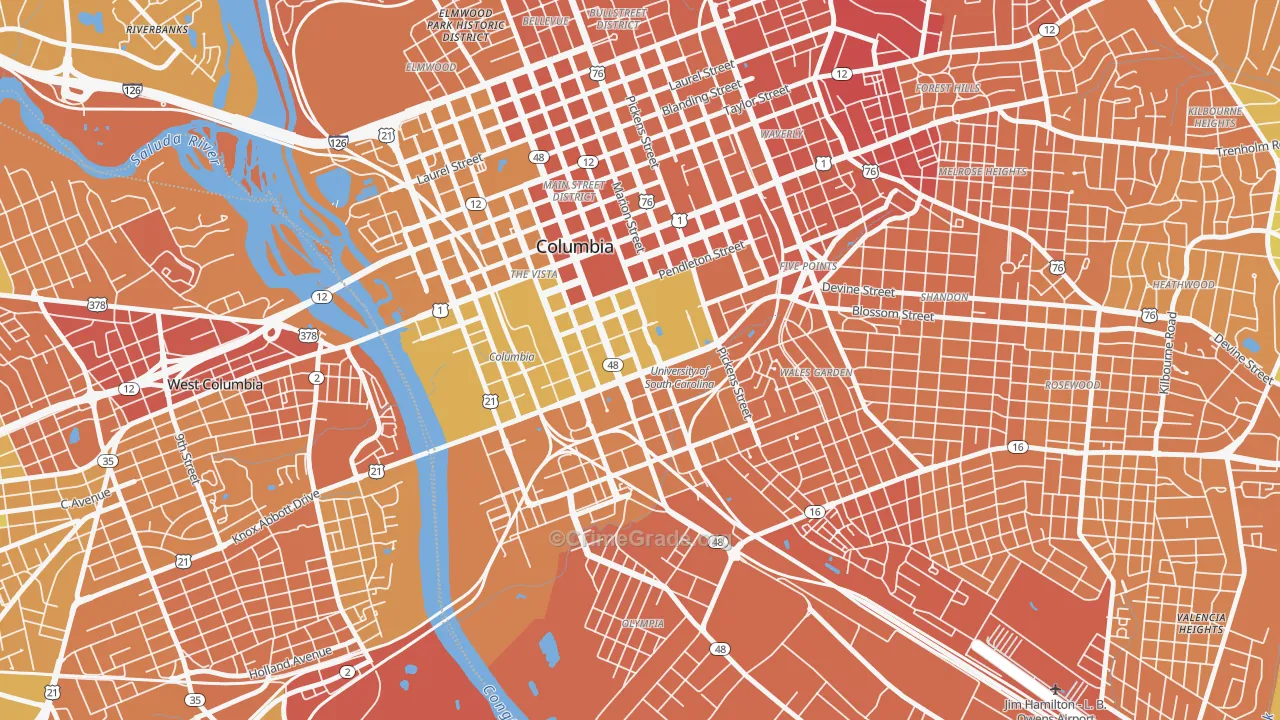 Downtown Columbia, Columbia, SC Map of Murder Rates