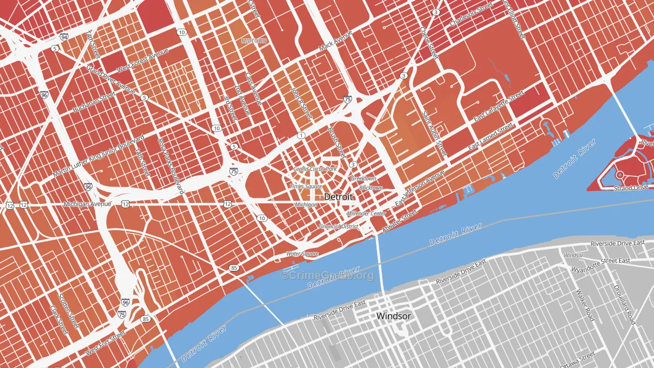 Downtown Detroit, Detroit, MI Map of Murder Rates