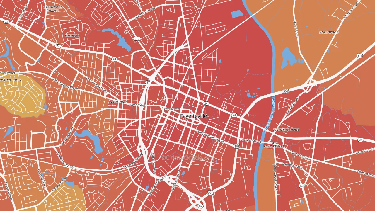 Downtown Fayetteville, Fayetteville, NC Map of Murder Rates