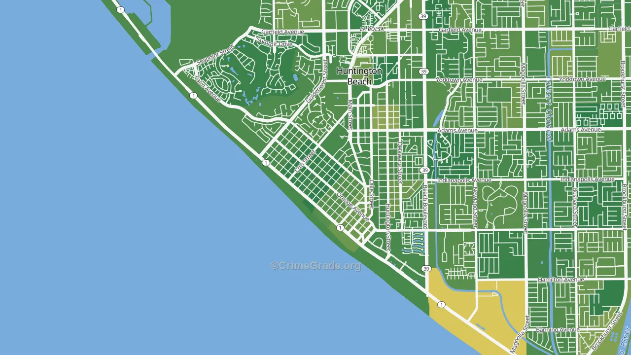 Downtown Huntington Beach, Huntington Beach, CA Map of Murder Rates