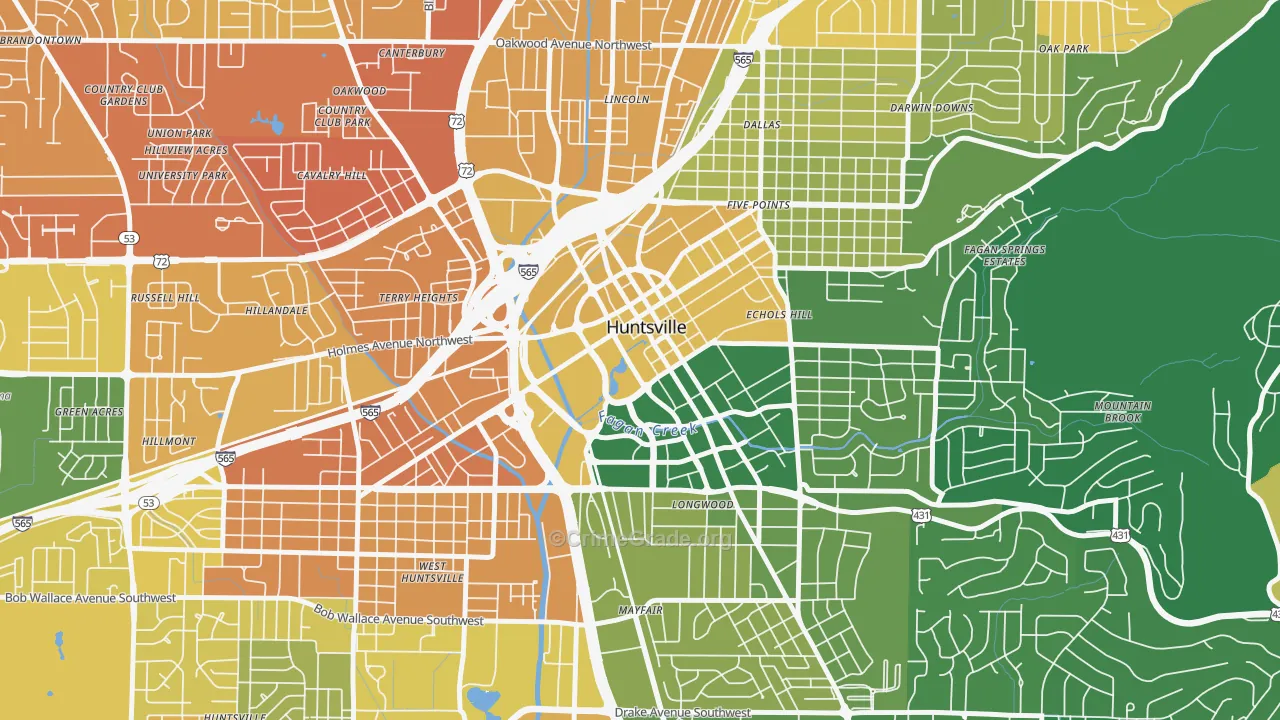 Downtown Huntsville, Huntsville, AL Map of Murder Rates