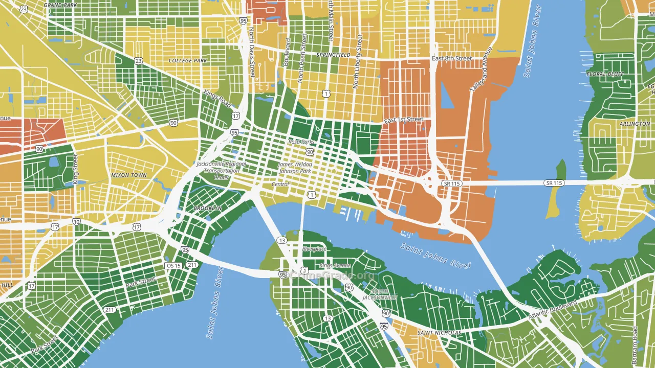 Downtown Jacksonville, Jacksonville, FL Map of Murder Rates