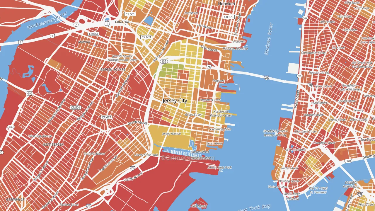 Downtown Jersey City, Jersey City, NJ Map of Murder Rates