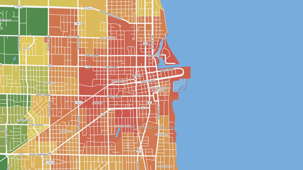 Downtown, Kenosha, WI Map of Murder Rates