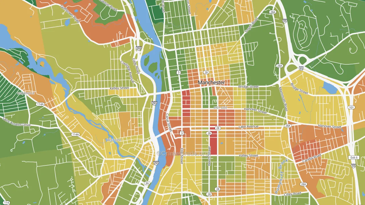 Downtown, Manchester, NH Map of Murder Rates
