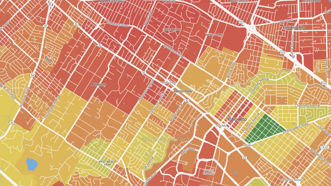 Downtown Menlo Park, Menlo Park, CA Map of Murder Rates