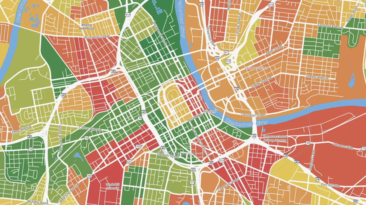Downtown Nashville, Nashville, TN Map of Murder Rates