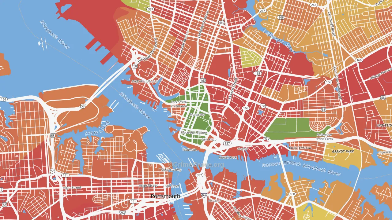 Downtown Norfolk, Norfolk, VA Map of Murder Rates