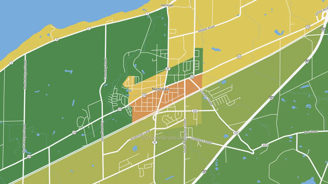 Downtown North East, North East, PA Map of Murder Rates