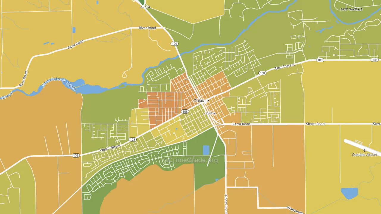 Downtown Oakdale, Oakdale, CA Map of Murder Rates