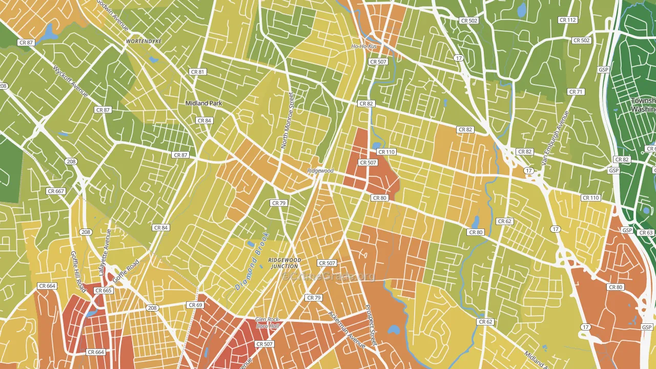 Downtown Ridgewood, Ridgewood, NJ Map of Murder Rates