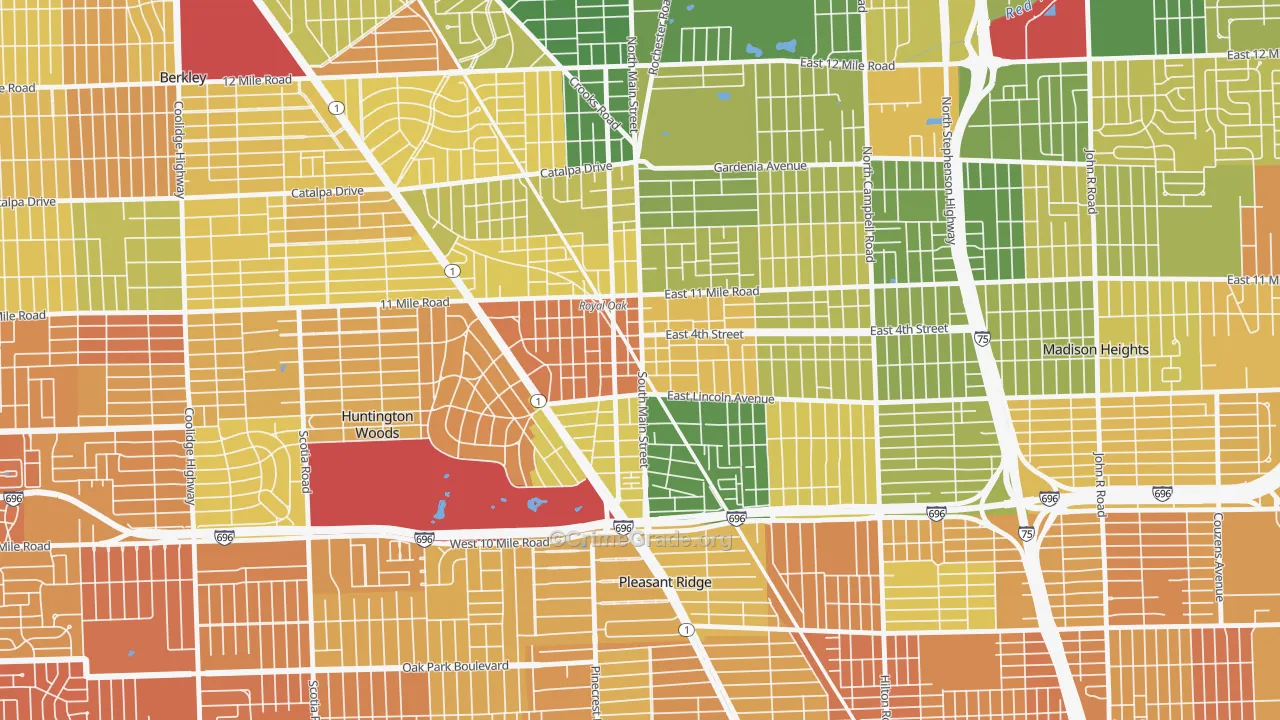Downtown Royal Oak, Royal Oak, MI Map of Murder Rates