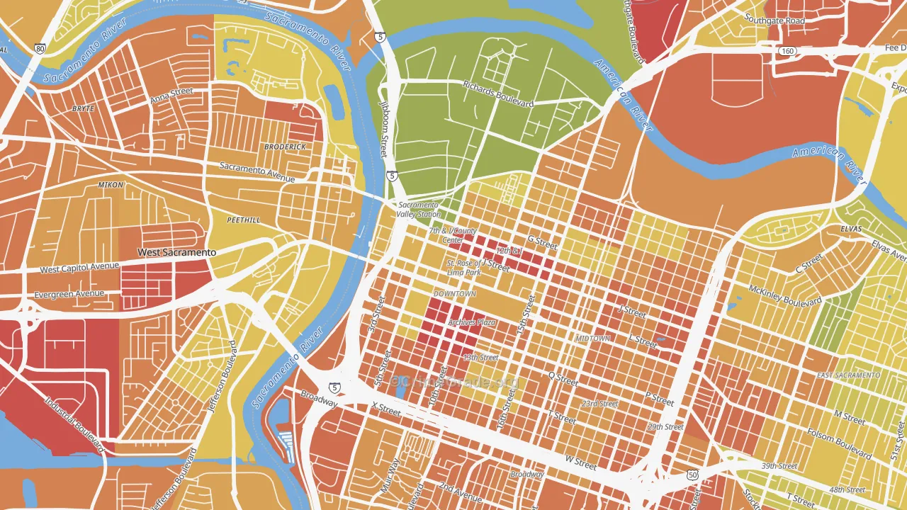 Downtown Sacramento, Sacramento, CA Map of Murder Rates