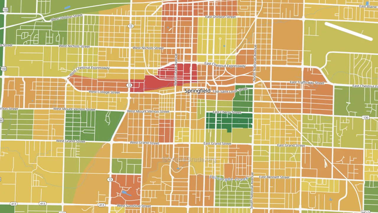 Downtown Springfield, Springfield, MO Map of Murder Rates