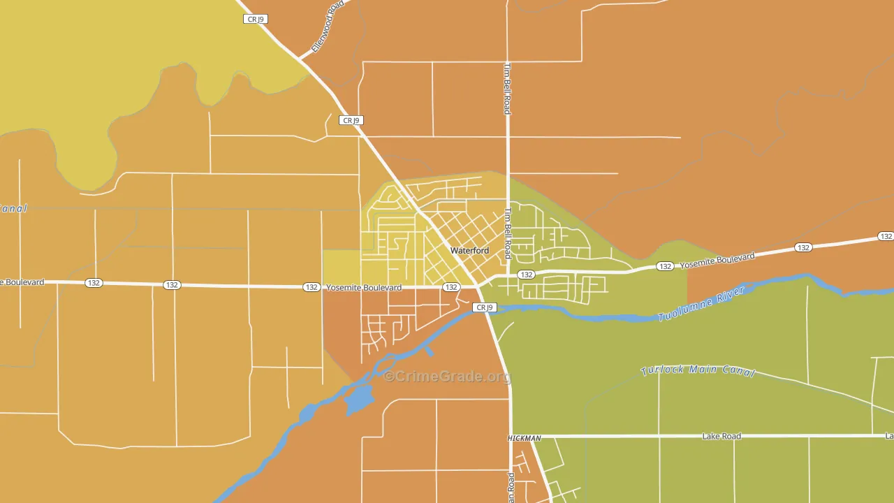 Downtown Waterford, Waterford, CA Map of Murder Rates