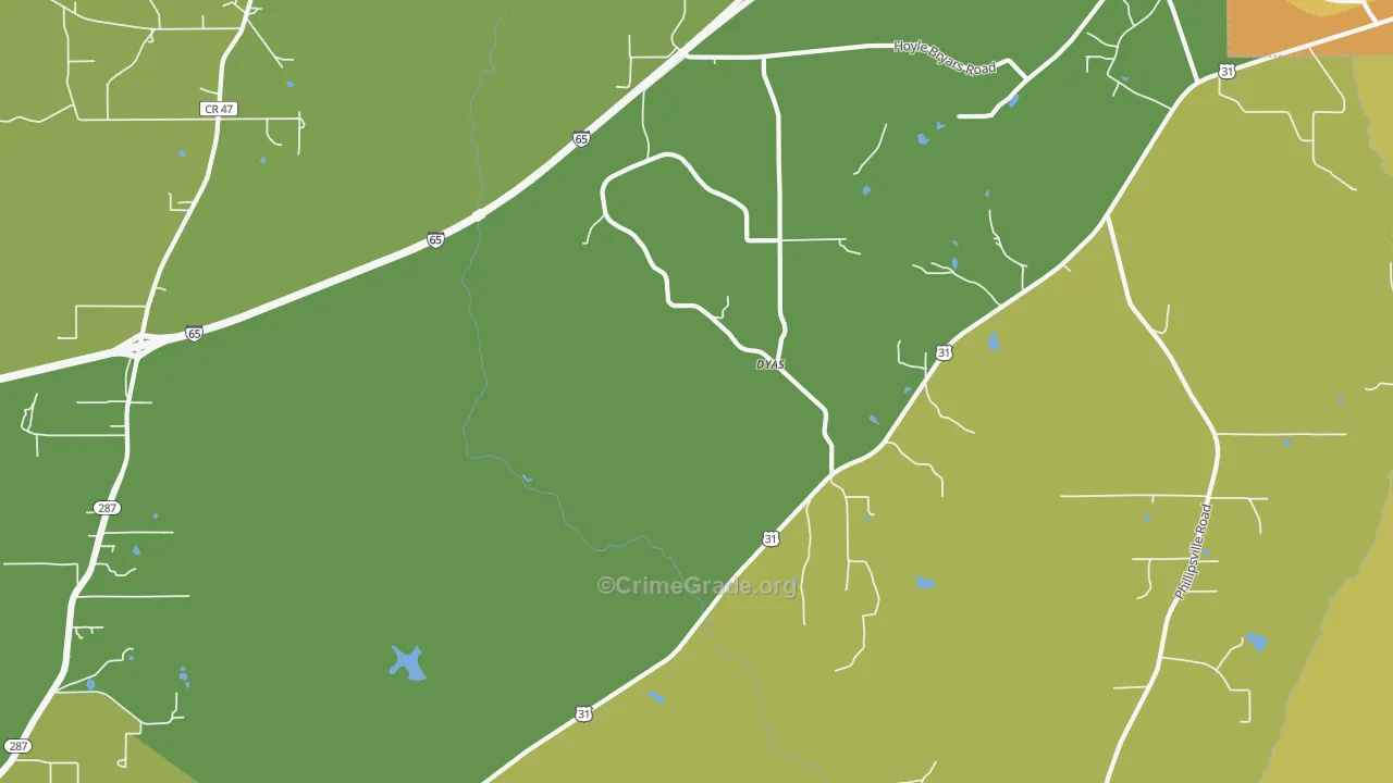 Dyas, AL Map of Murder Rates