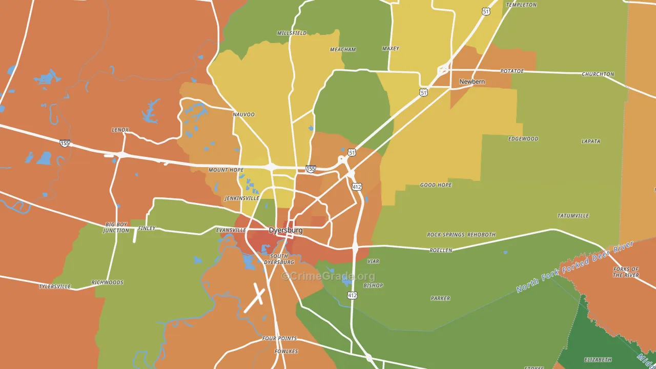 Dyer County, TN Map of Murder Rates