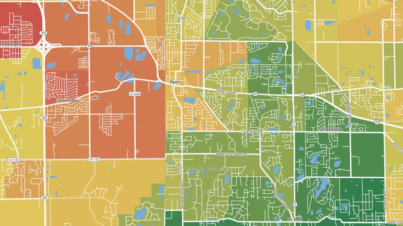 Dyer, IN Map of Murder Rates