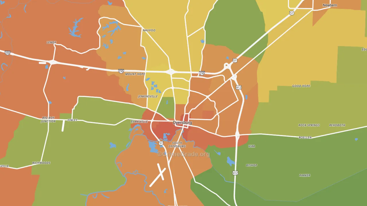 Dyersburg, TN Map of Murder Rates