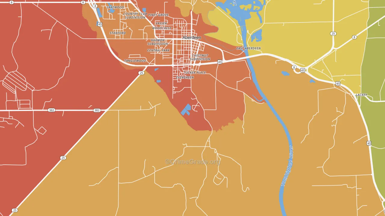East Aberdeen, MS Map of Murder Rates