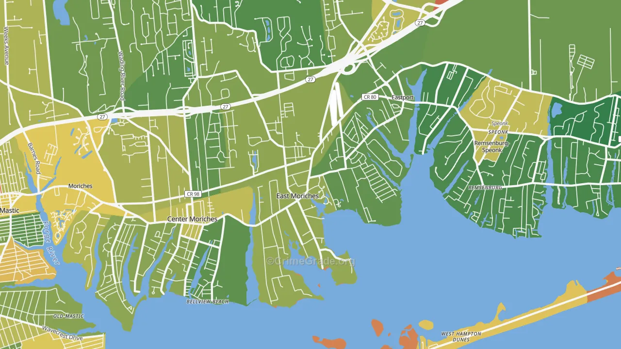 East Moriches, NY Map of Murder Rates