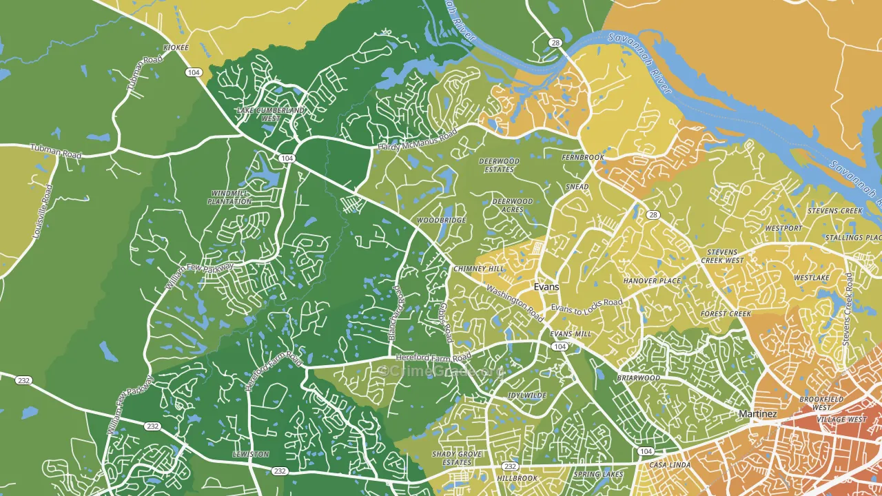 Evans, GA Map of Murder Rates