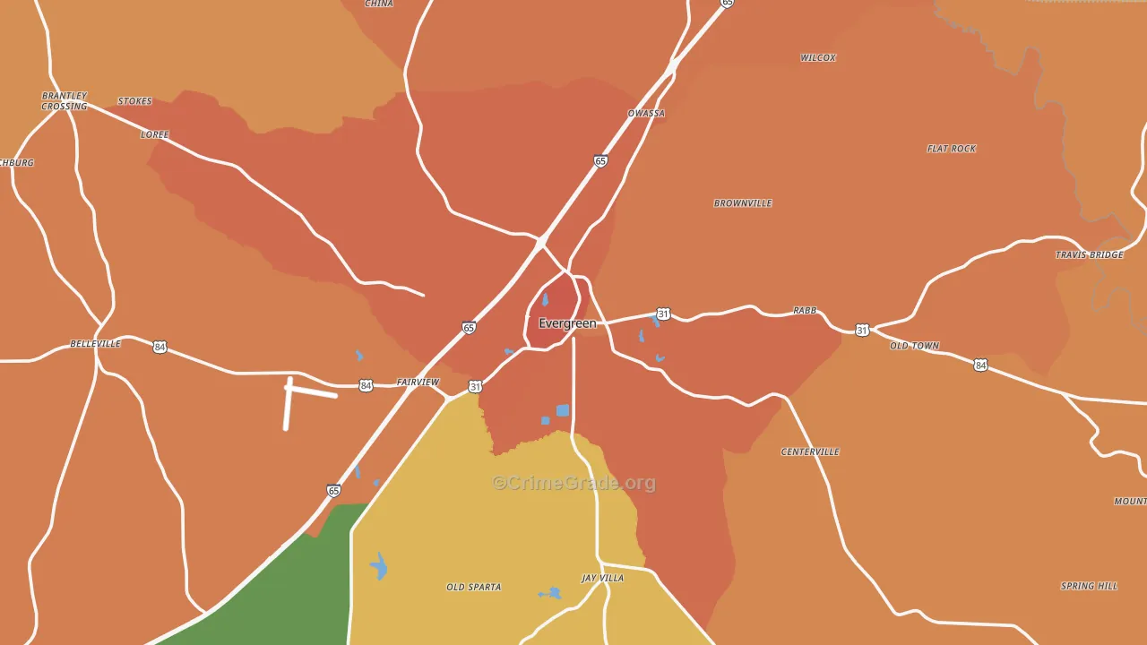 Evergreen, AL Map of Murder Rates