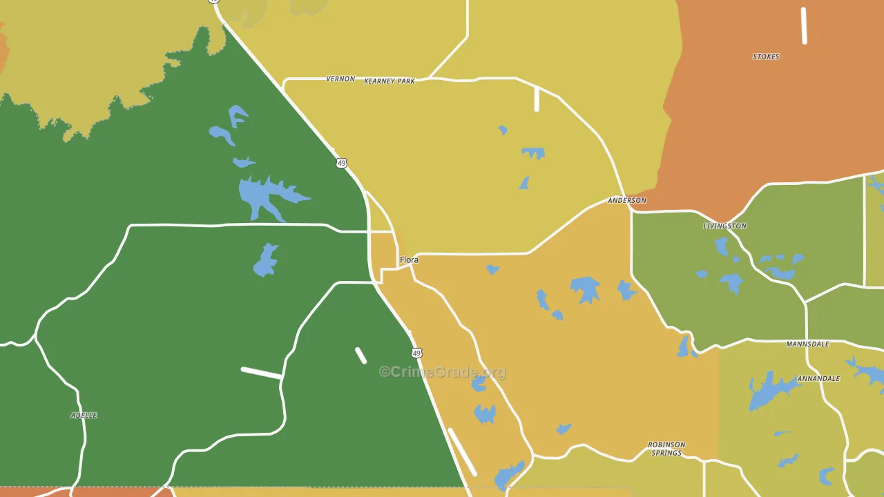 Flora, MS Map of Murder Rates