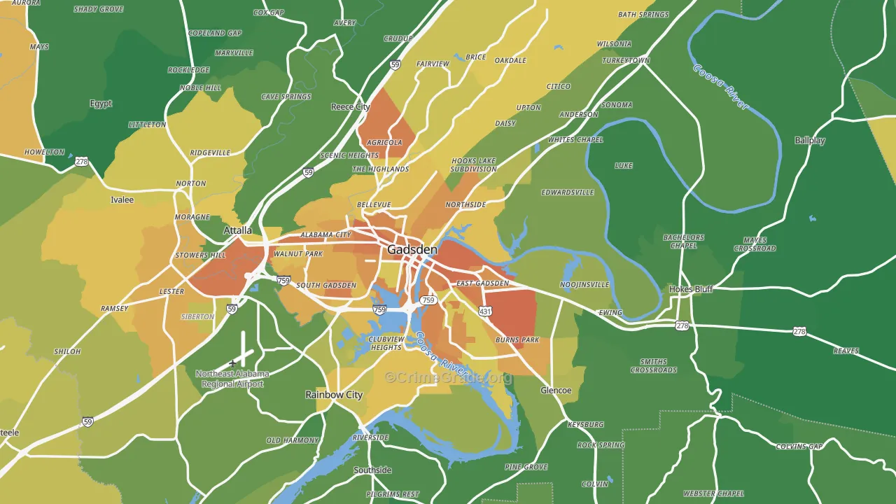 Gadsden, AL Map of Murder Rates