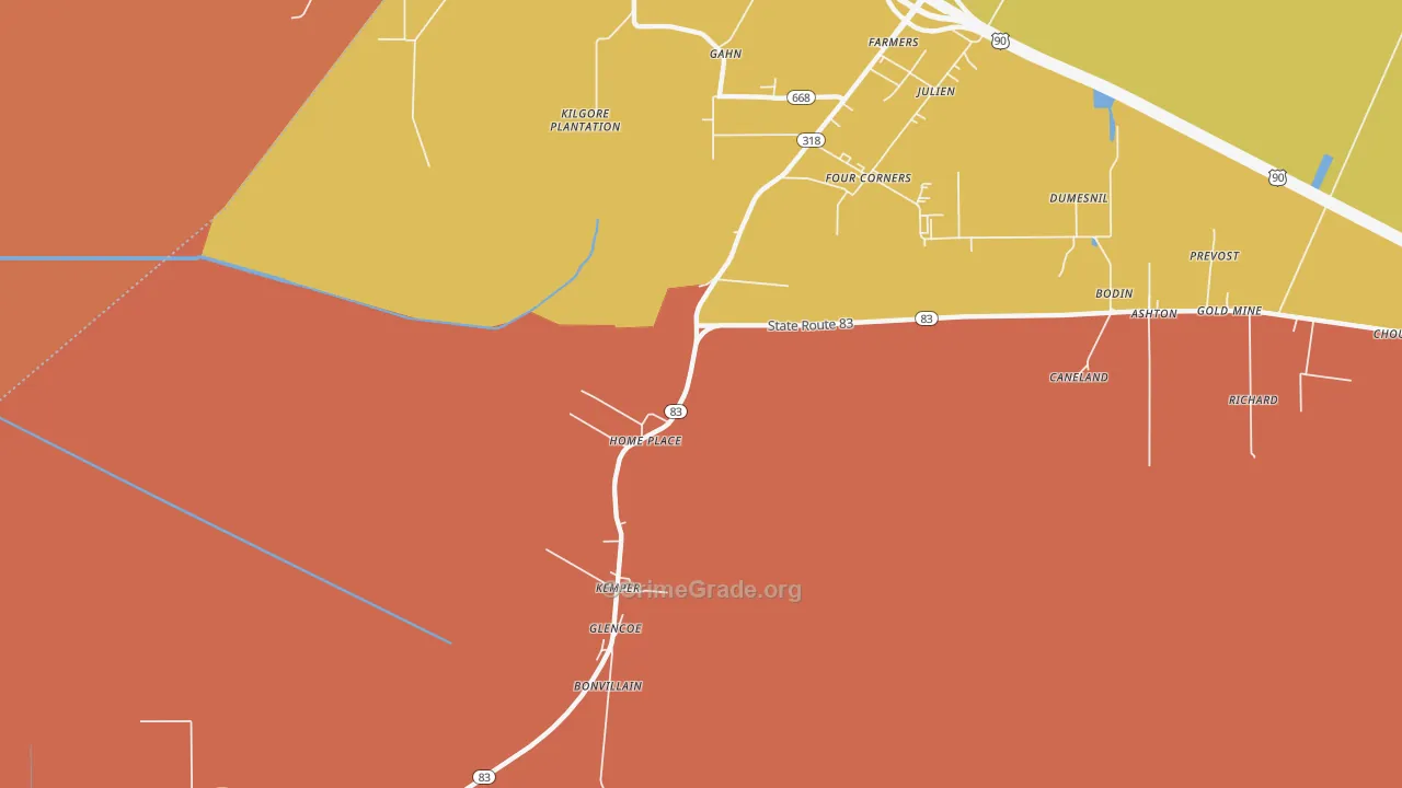 Glencoe, LA Map of Murder Rates