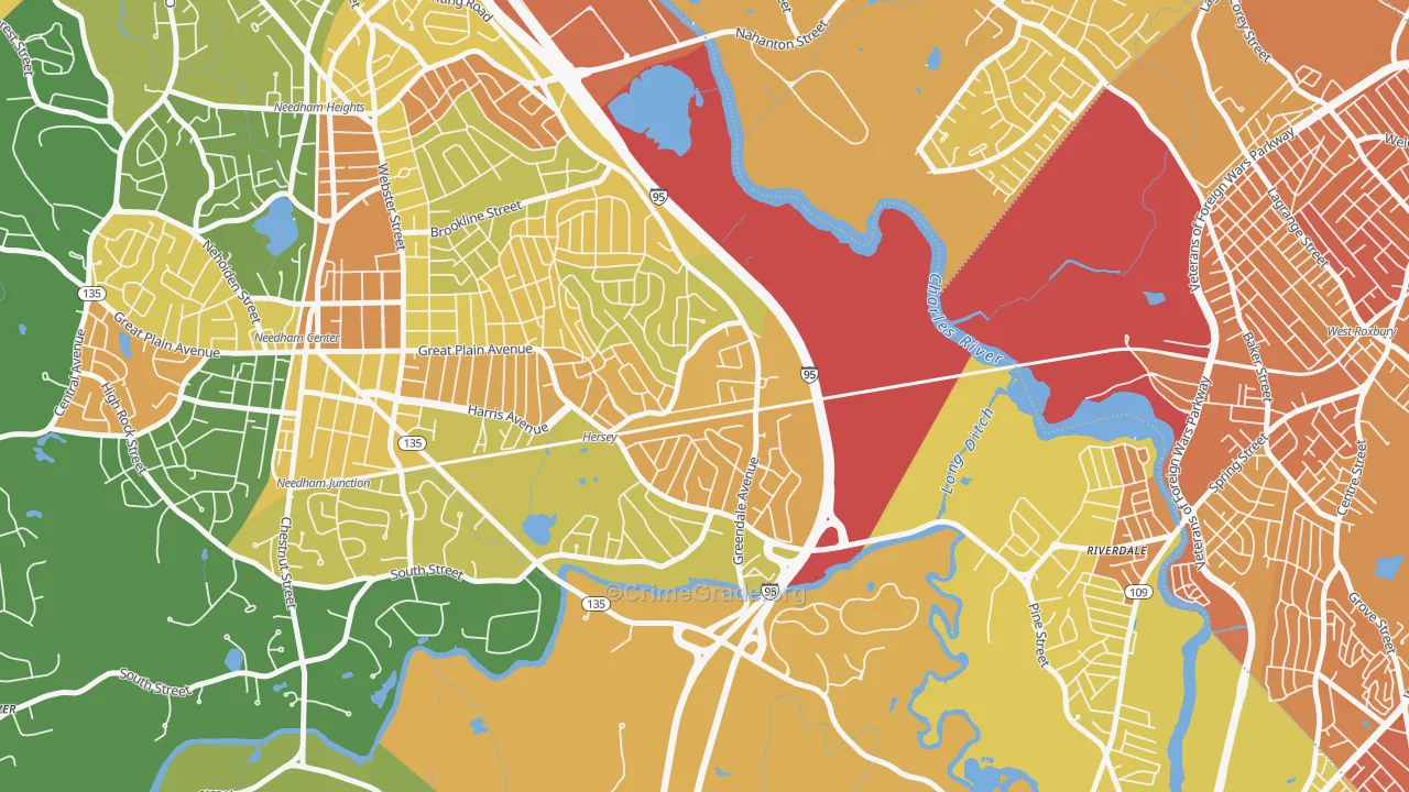 Greendale Village, Needham, MA Map of Murder Rates