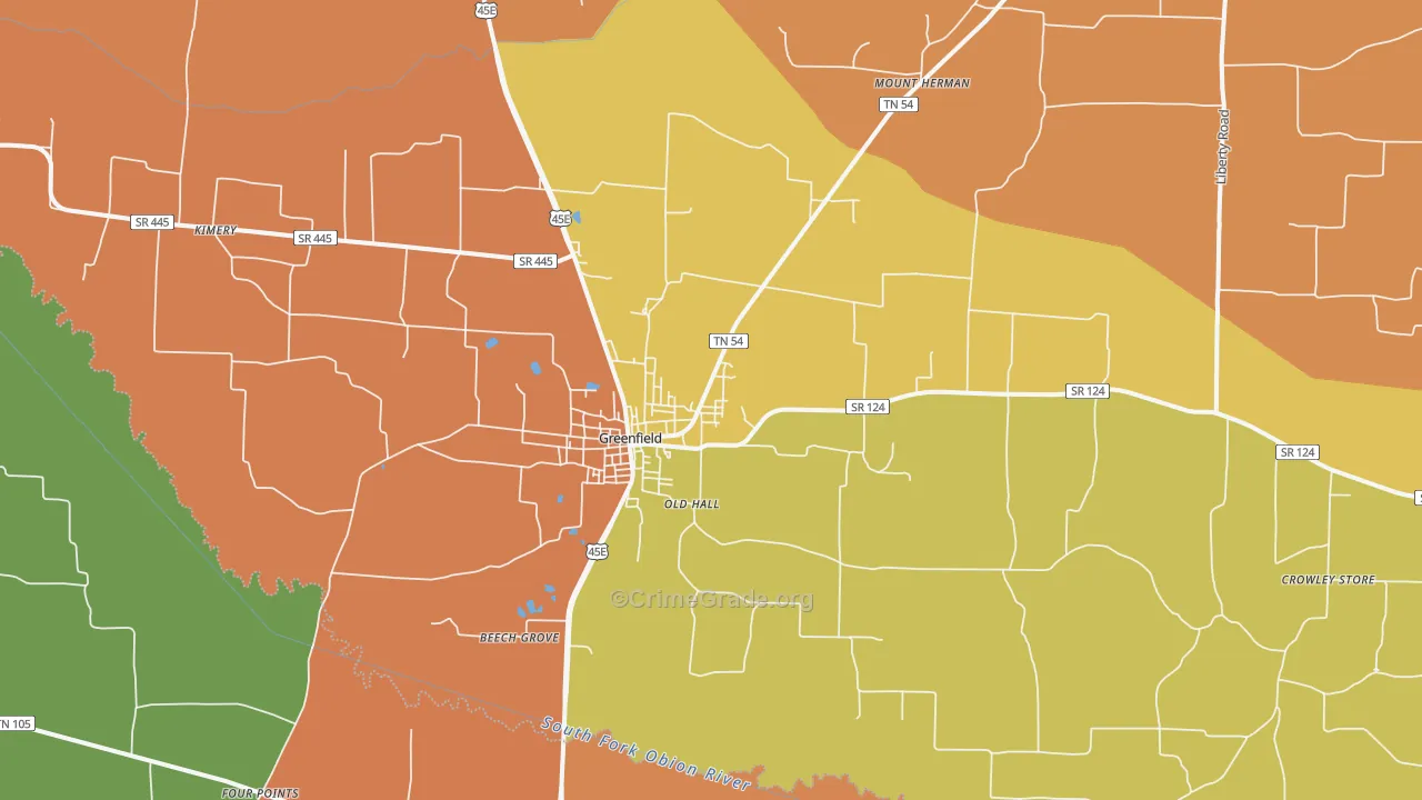 Greenfield, TN Map of Murder Rates
