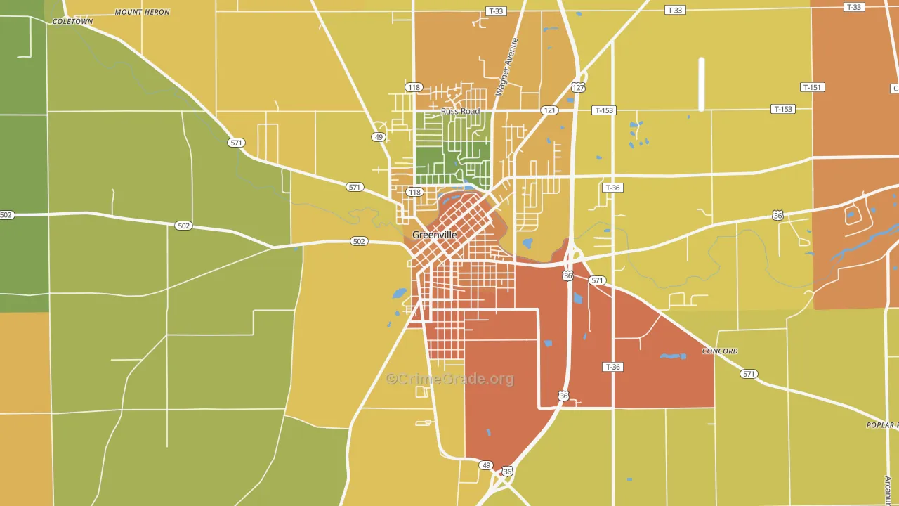 Greenville South Broadway Historic District, Greenville, OH Map of Murder Rates