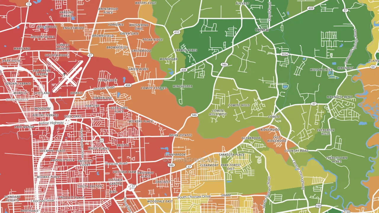 Greenwell Springs-Central Area, Baton Rouge, LA Map of Murder Rates