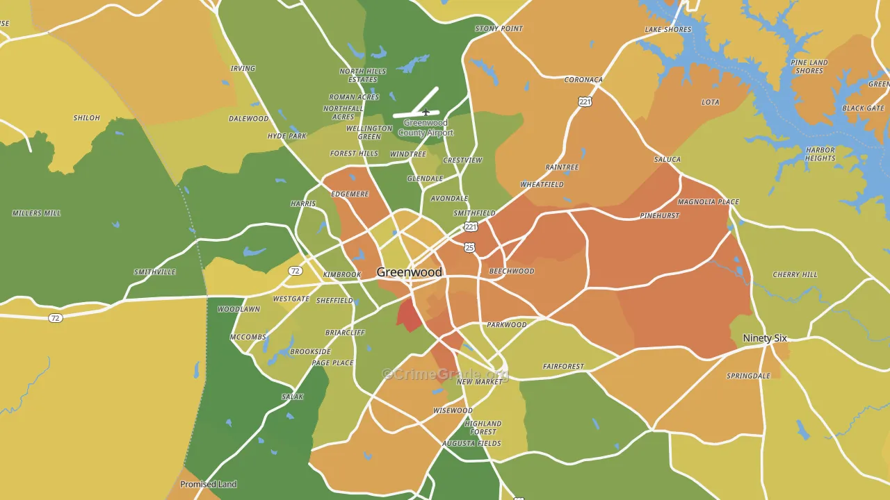 Greenwood County, SC Map of Murder Rates
