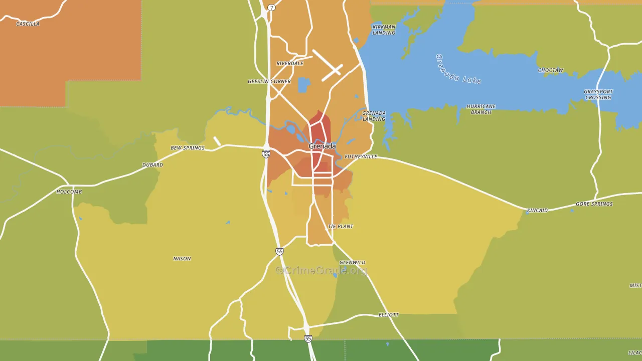 Grenada County, MS Map of Murder Rates