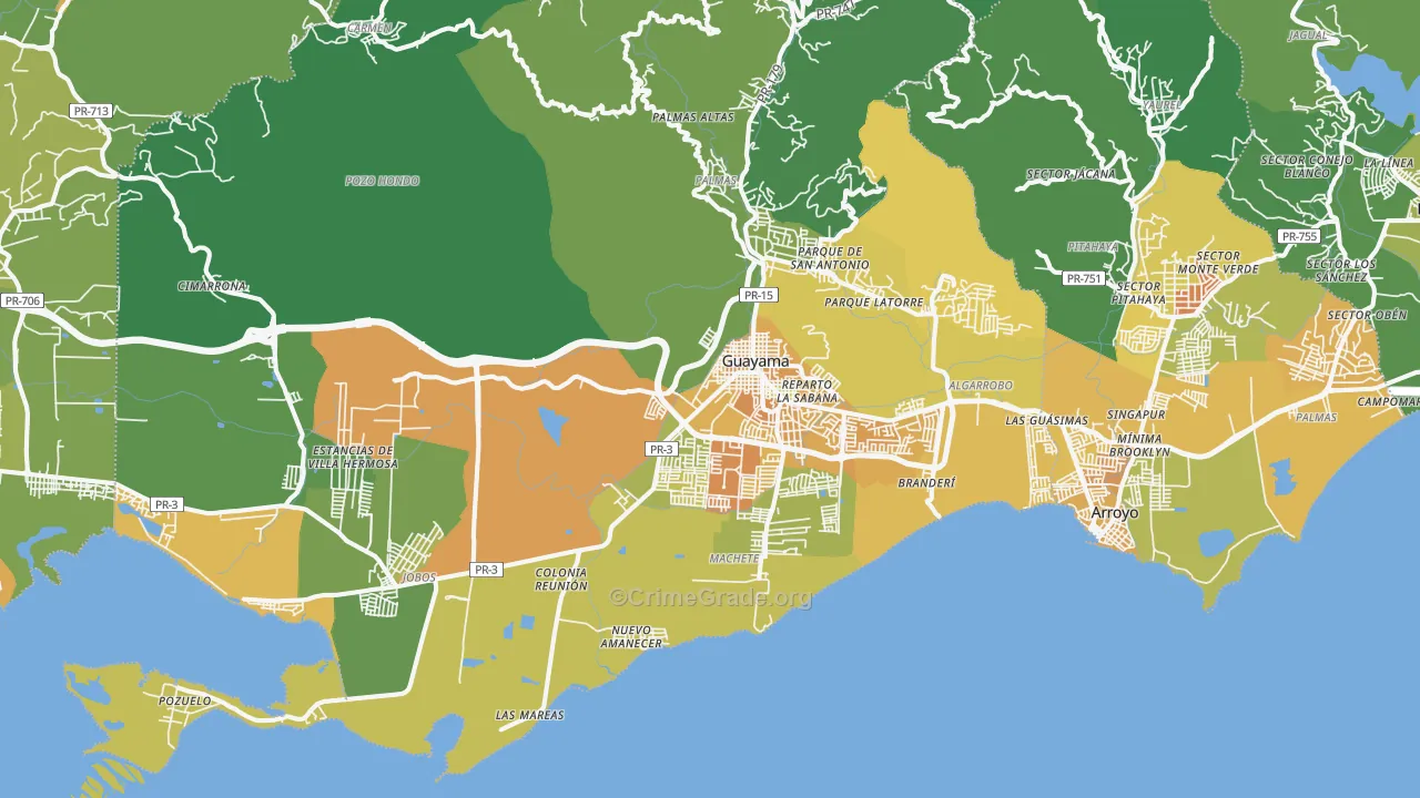 Guayama Municipio, PR Map of Murder Rates