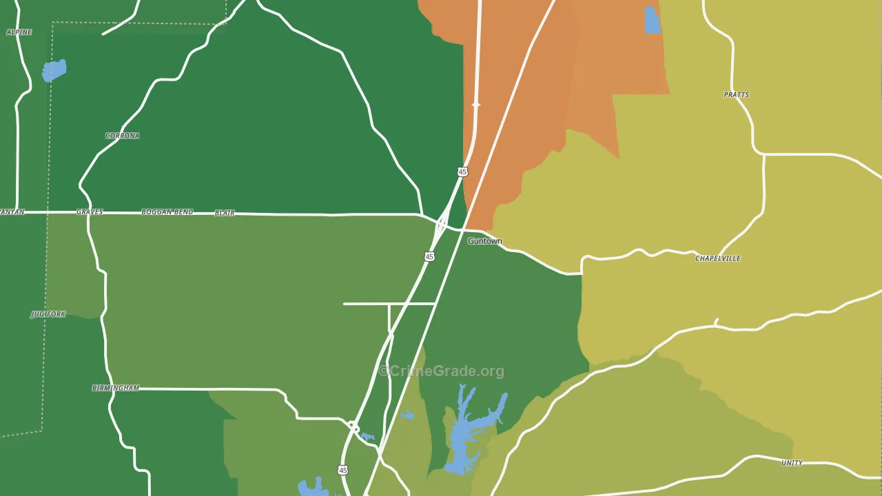 Guntown, MS Map of Murder Rates