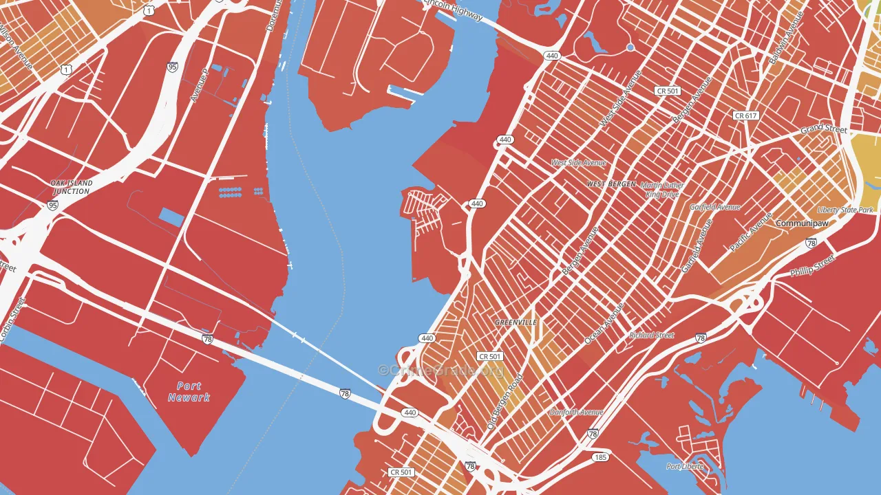 Hackensack Riverfront, Jersey City, NJ Map of Murder Rates